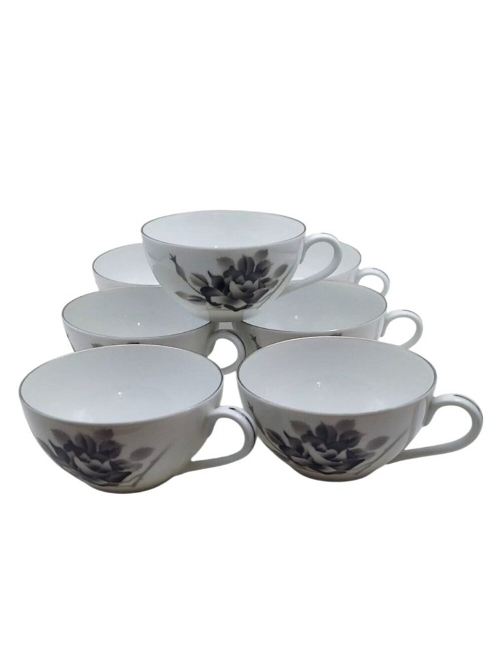 Vintage Fukagawa Arita Princess Black Rose Porcelain Cups Set Of 7 Japan #704